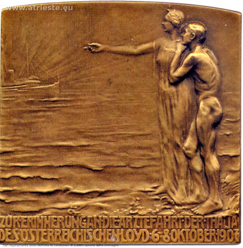 Due figure sulla riva del mare: un uomo bisognoso di cure si appoggia alla personificazione dell'arte medica, una figura femminile laureata, che gli indica una nave in lontananza che si avvicina, dietro alla quale brilla il sole.