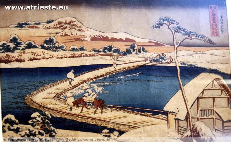 Hokhusai: Ponte di barche sul fume Tone a Sano 1834 c