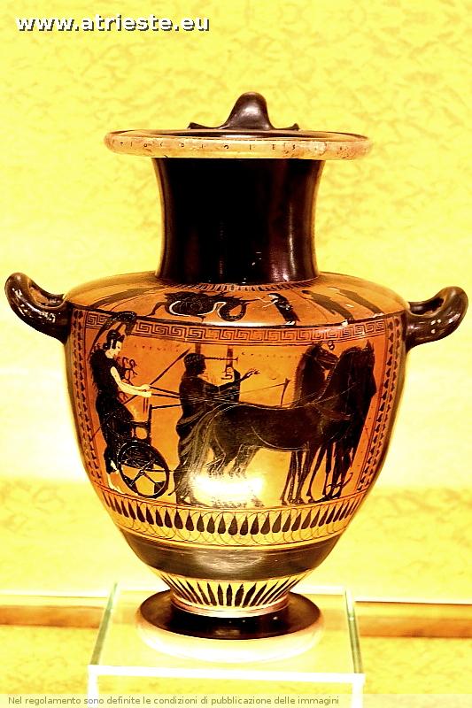 Hydria ceramica attica , 520 a C c, ceramica a figure nere proveniente dalla coll. Sartorio artista della cerchia del Pittore di Antimenes:Atena sale su un carro provenienza Tarquinia con firma Tychios epoiesen